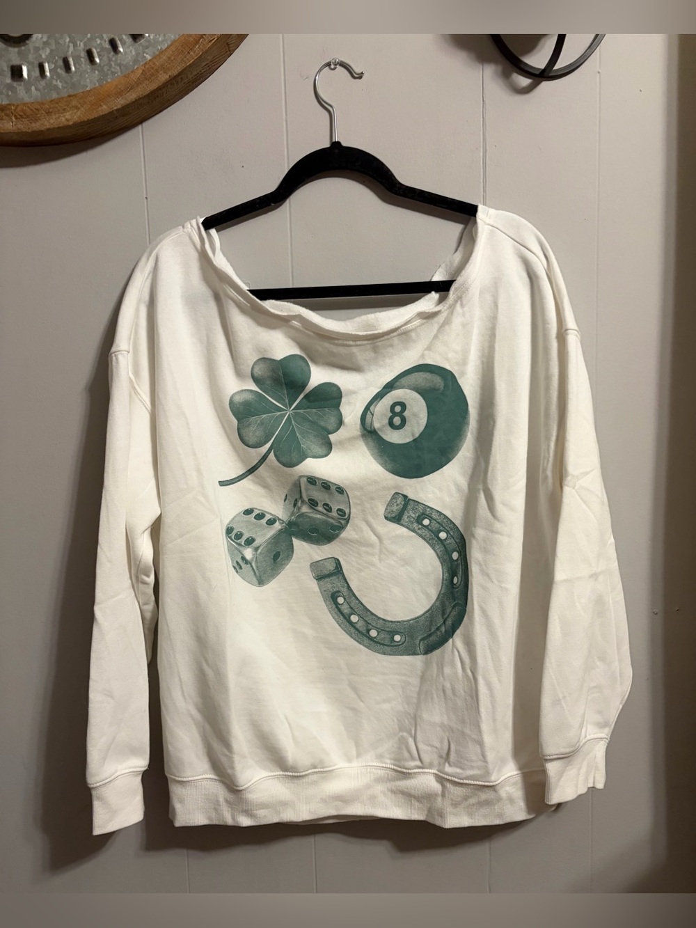 Women’s White Scoop Neck Sweater with Green Lucky Charm Graphic